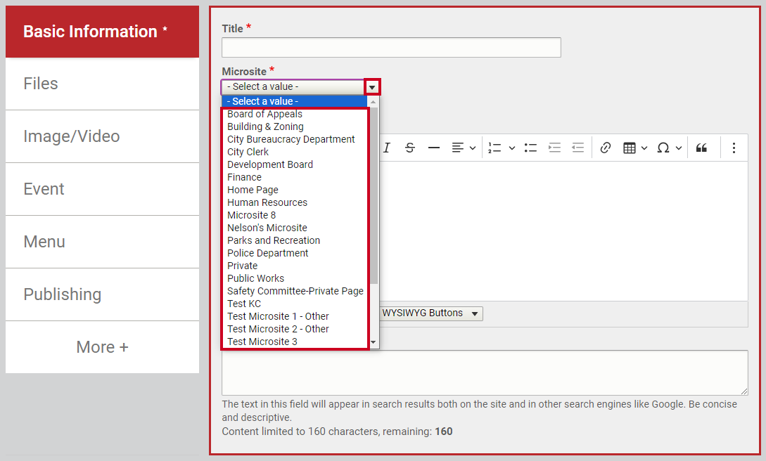 Select the Microsite