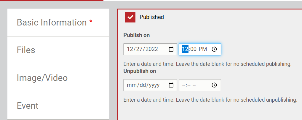 Complete the Publishing options