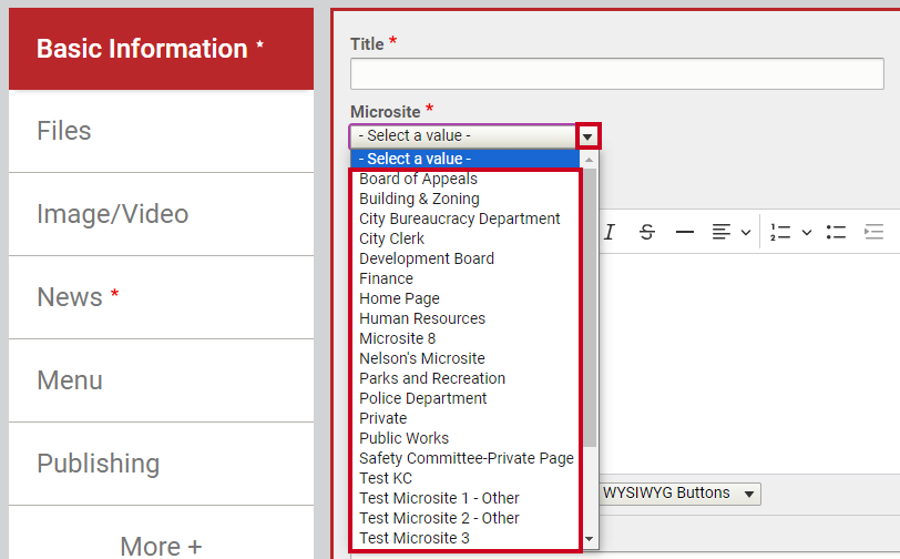 Select the appropriate Microsite