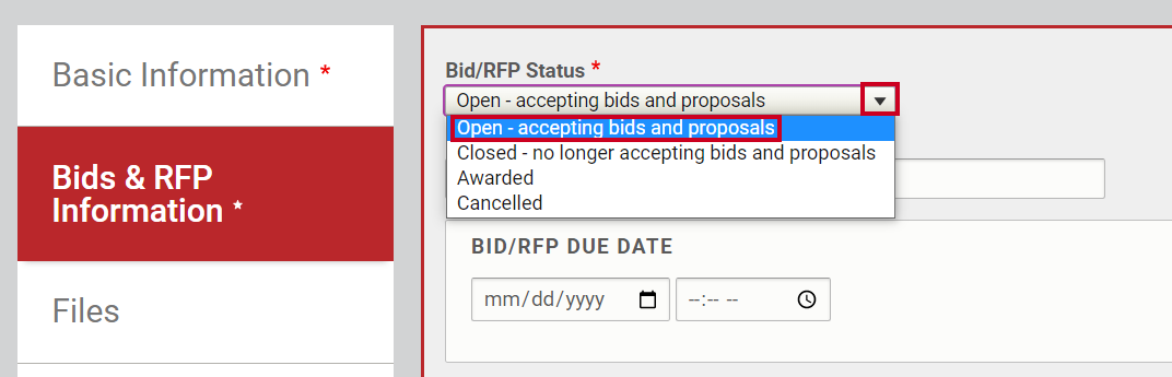 Select the Bid & RFP Status