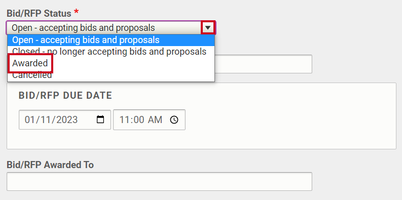 Set the Bid & RFP Status to Awarded