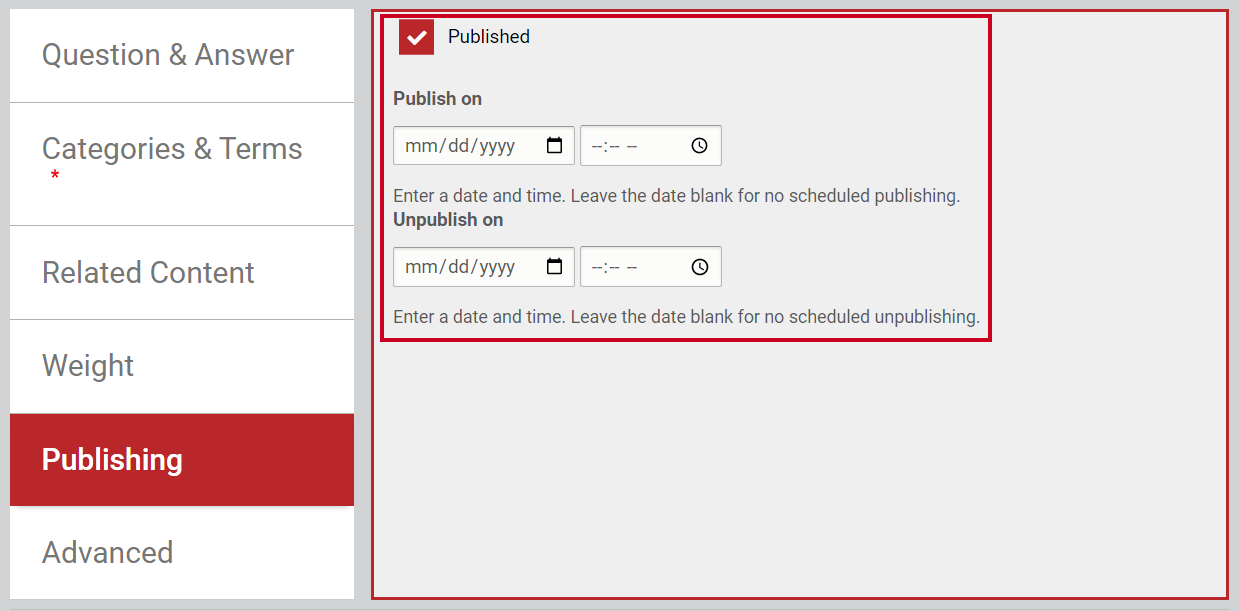 The published checkbox, Publish on, and Unpublish on fields.