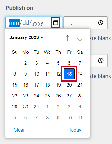 The calendar menu in the Publish on field.