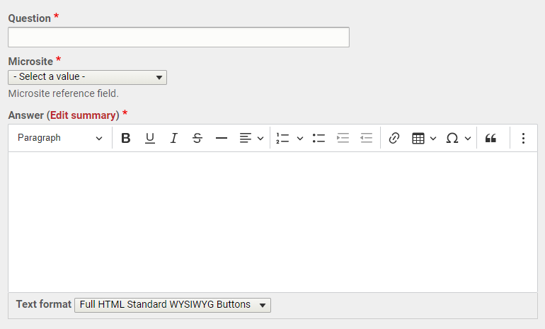 The Question and Answer text entry fields, and the Microsite dropdown.