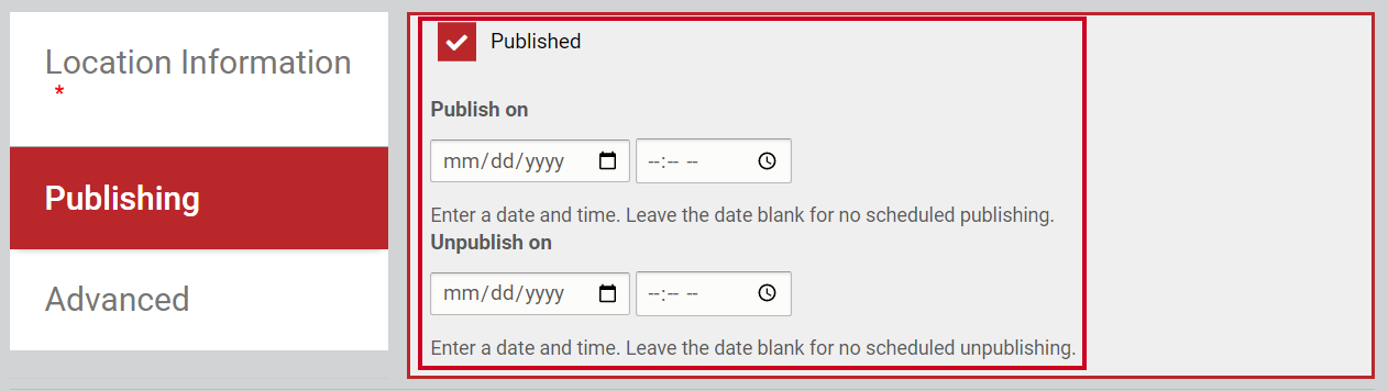 Complete the Publishing fields