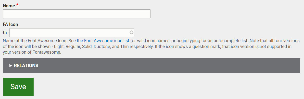 The list of text entry fields and options for Terms.