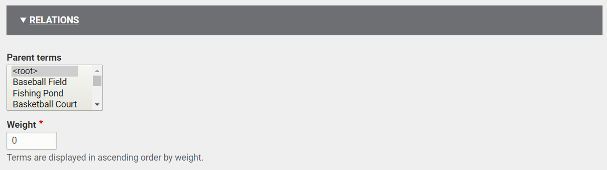 The list of options and fields beneath the Relations header.