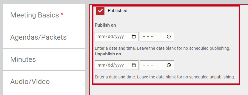 The Publish check box and Publish on and Unpublish on date fields.