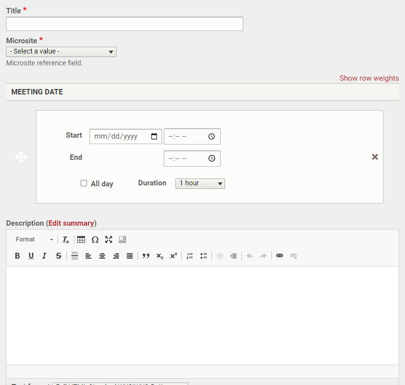 The text boxes and text fields in the Meeting Basics tab.