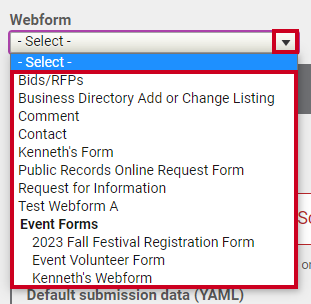The dropdown menu labeled Webform.