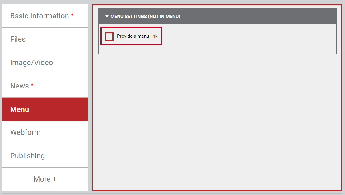 The toggle labeled Provide a menu link.