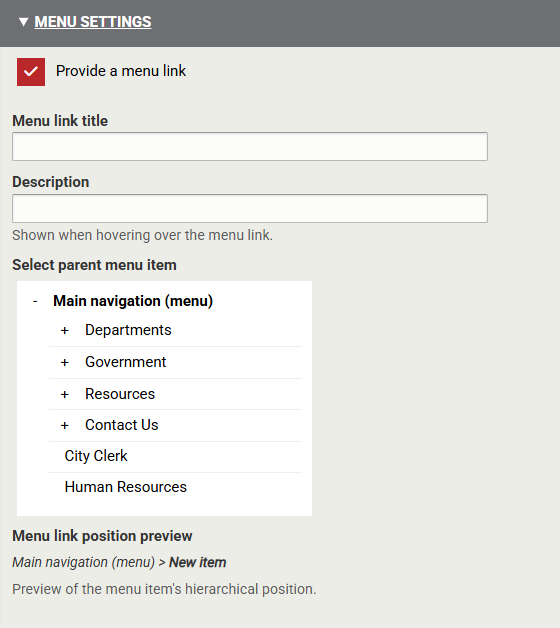 The menu link customization options found in the Menu Settings.