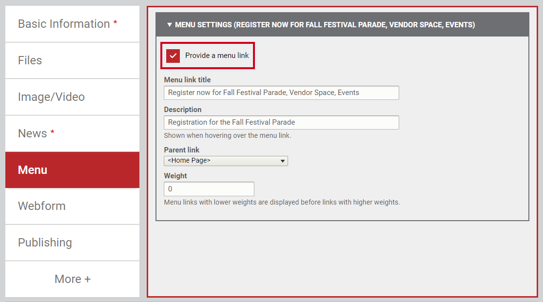 The toggle labeled Provide a menu link.