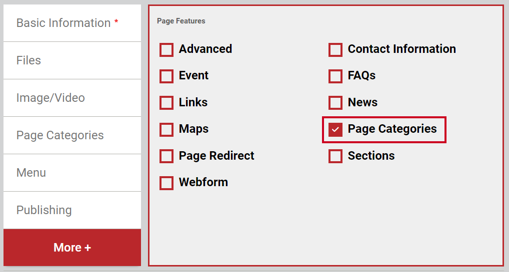 The check box labeled Page Categories.