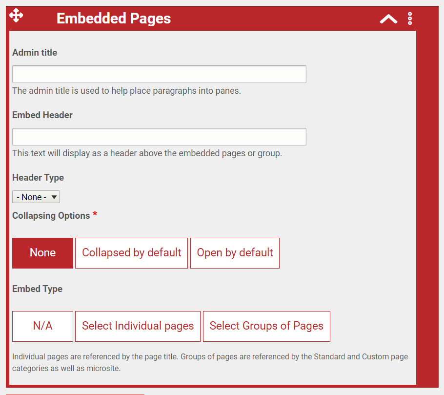 The options under the Embedded Pages header.