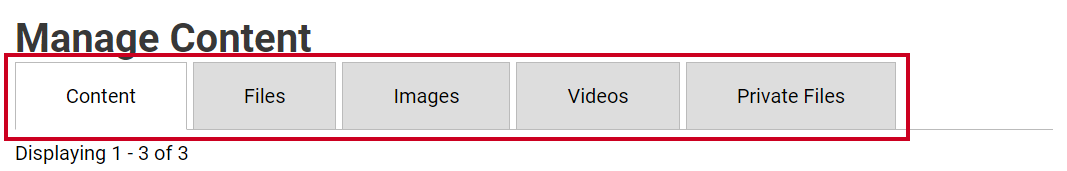 The tabs beneath the Manage Content label.
