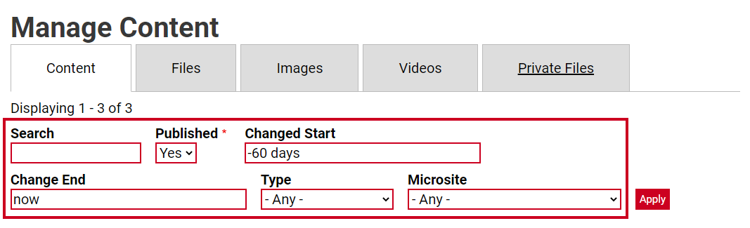 The Search, Published, Changed Start, Change End, Type, and Microsite text entry fields.