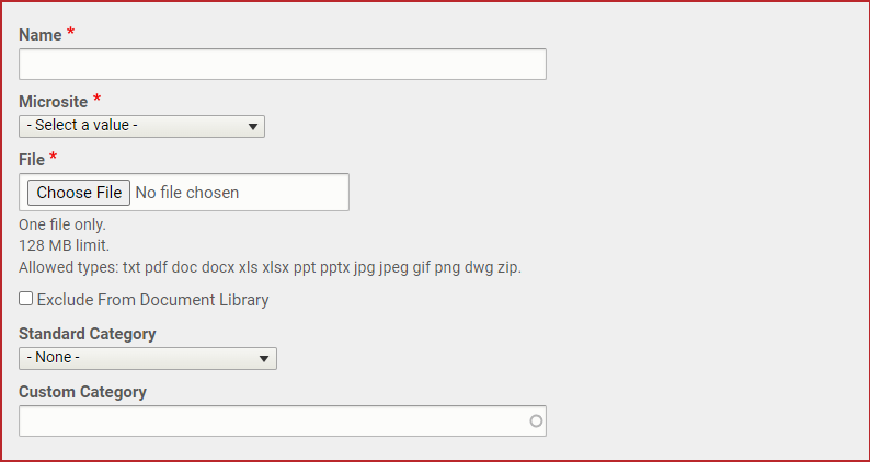 The text entry and dropdown fields in the Main Content left-hand navigation tab.