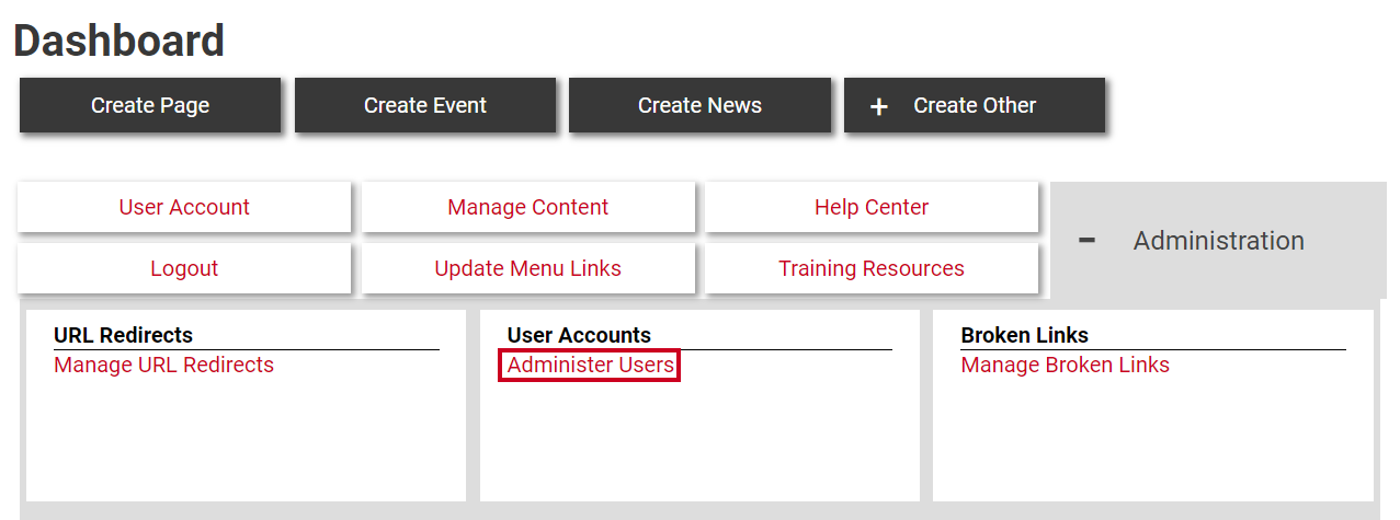 The Administer Users text beneath the User Accounts header.