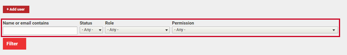 The filters labeled 'Name or email contains', 'Status', 'Role', and 'Permission'.