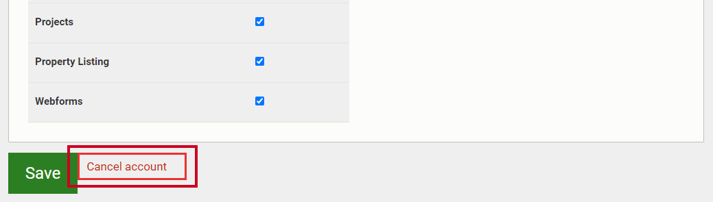 The button labeled Cancel Account at the bottom of the page, to the right of the Save button.