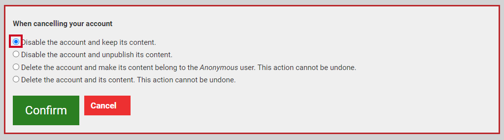 The radial button to the left of the 'Disable the account and keep its content' option.