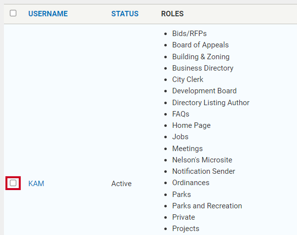 The check box in the to the left of the Username.