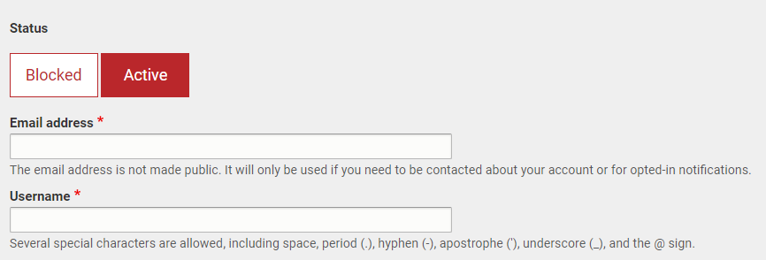 The 'Status', 'Email address', and 'Username' account fields.