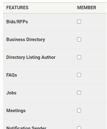 The roles options with the 'Features' and 'Member' columns.