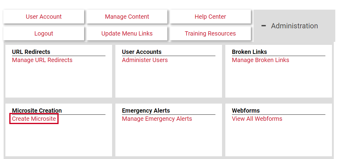 The hyperlink labeled Create Microsite.