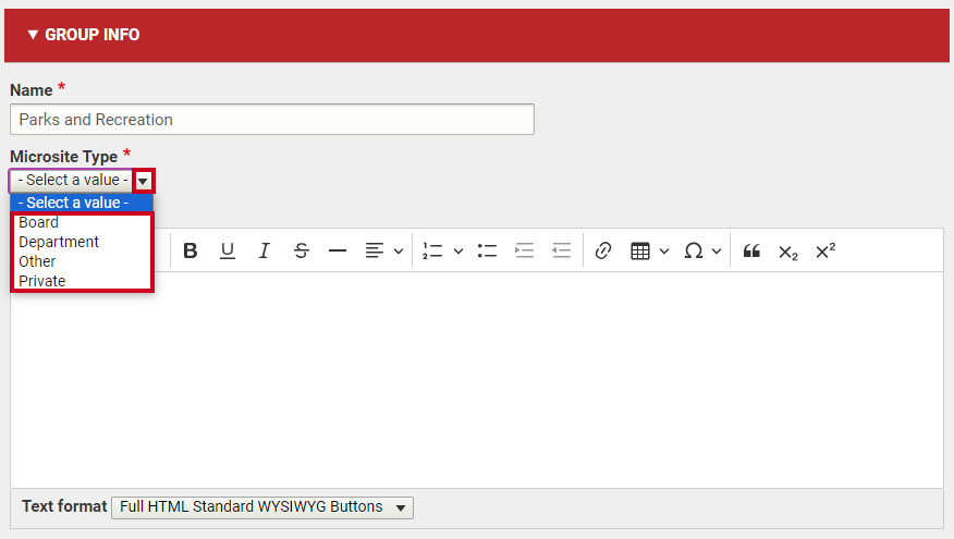 The dropdown menu labeled Microsite.