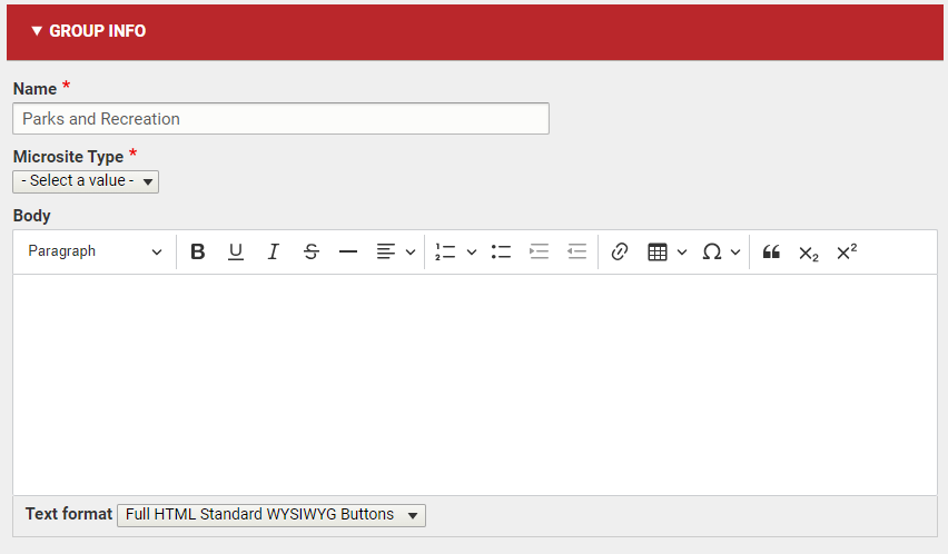The text entry and dropdown menu fields beneath the Group Info header.