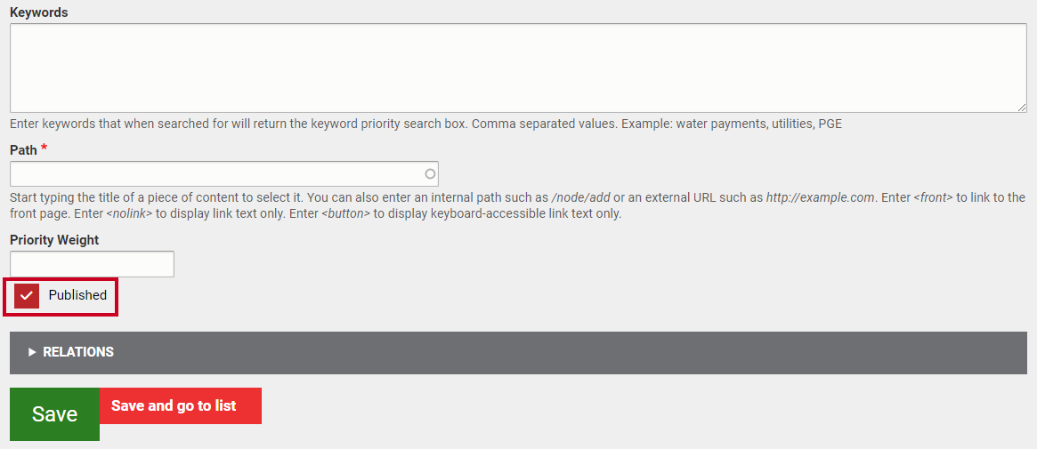 The checkbox labeled Published.