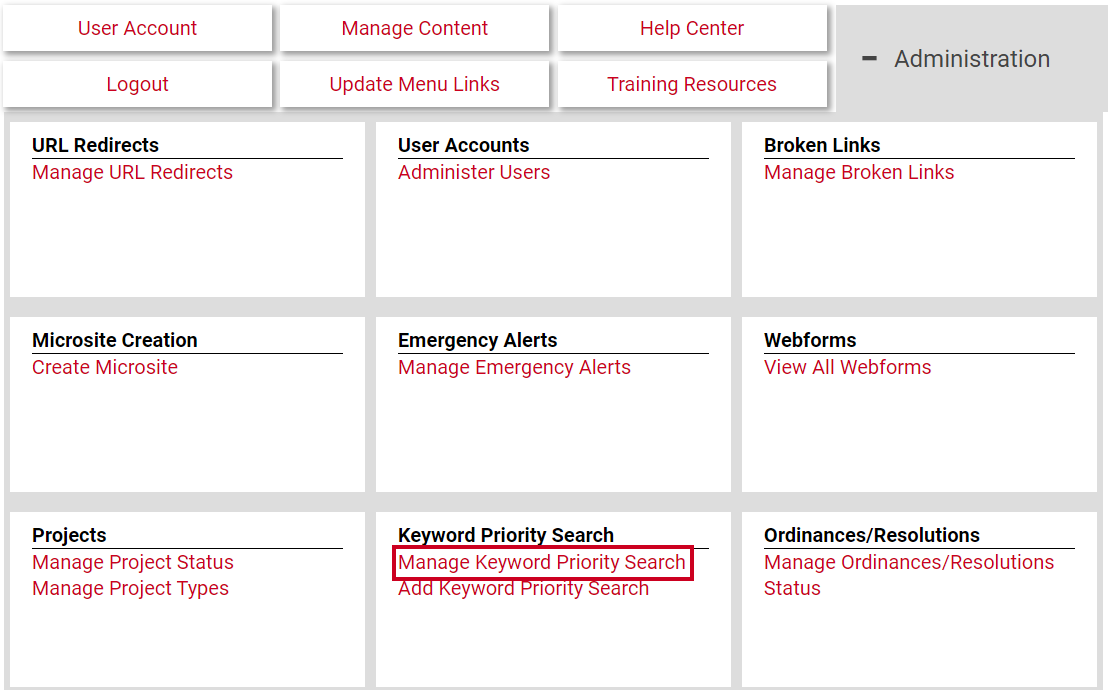 The hyperlink labeled Manage Keyword Priority Search.