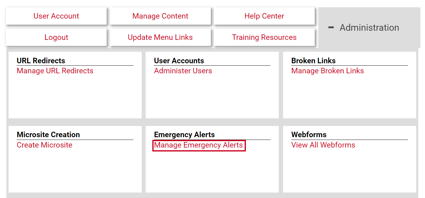 The hyperlink labeled Manage Emergency Alerts