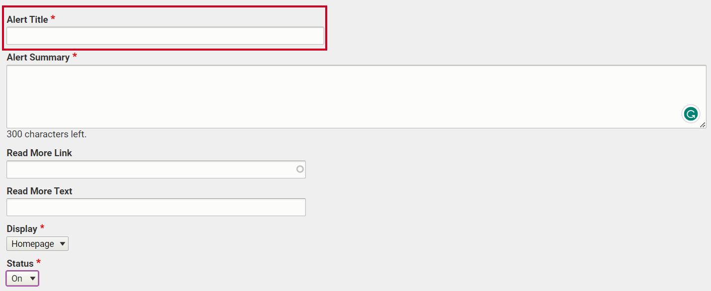 The text entry field labeled Alert Title.