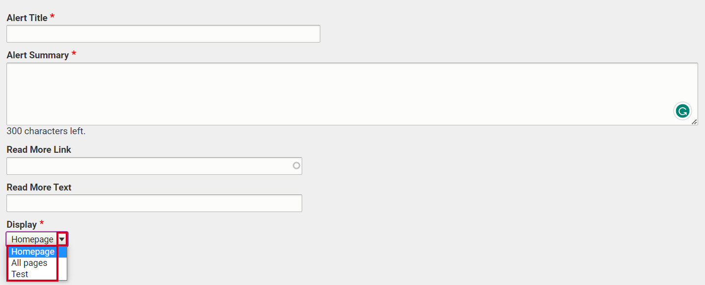 The drop-down menu labeled Alert Display.