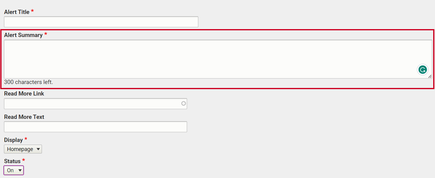 The text entry field labeled Alert Summary.