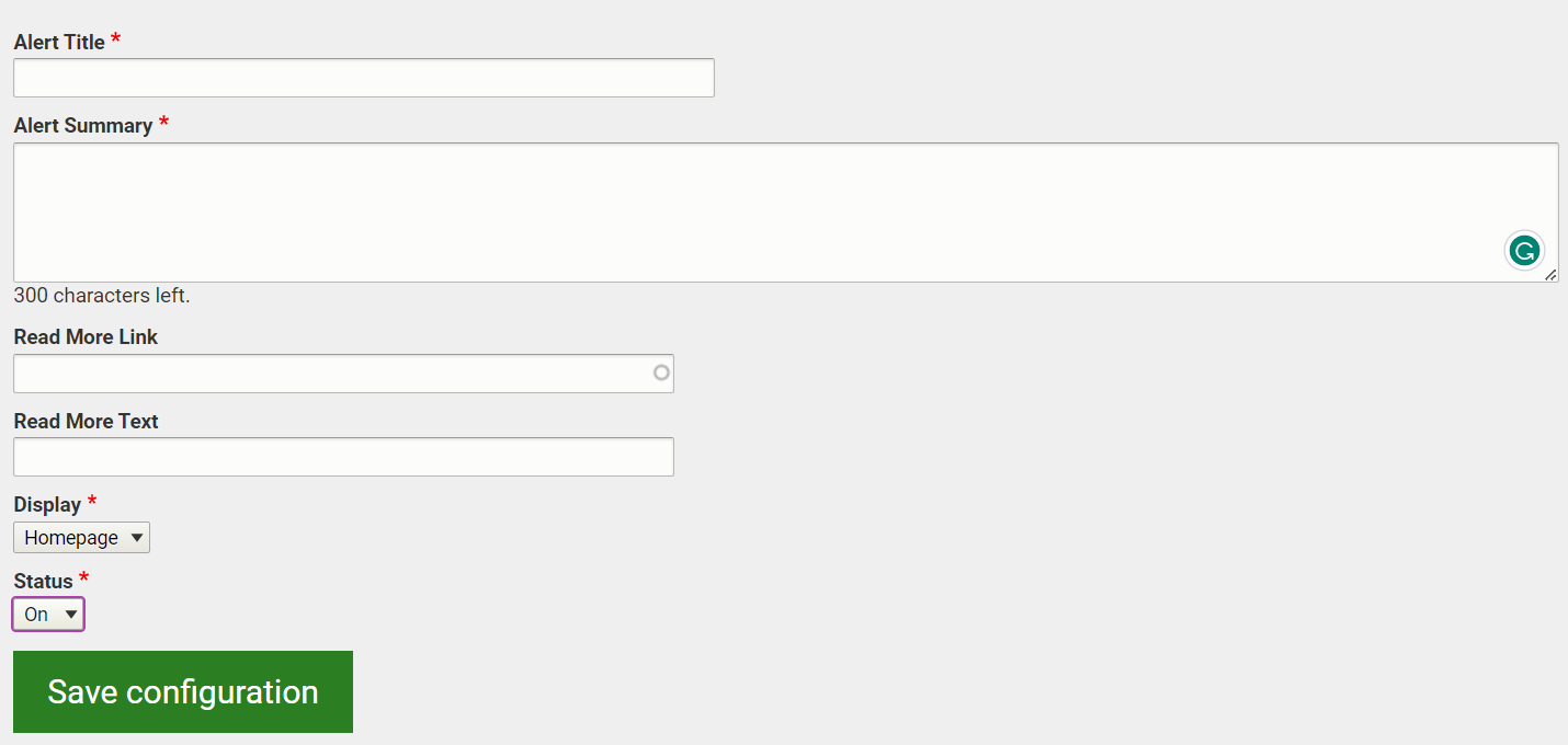 The Emergency Alert text entry and drop-down fields.