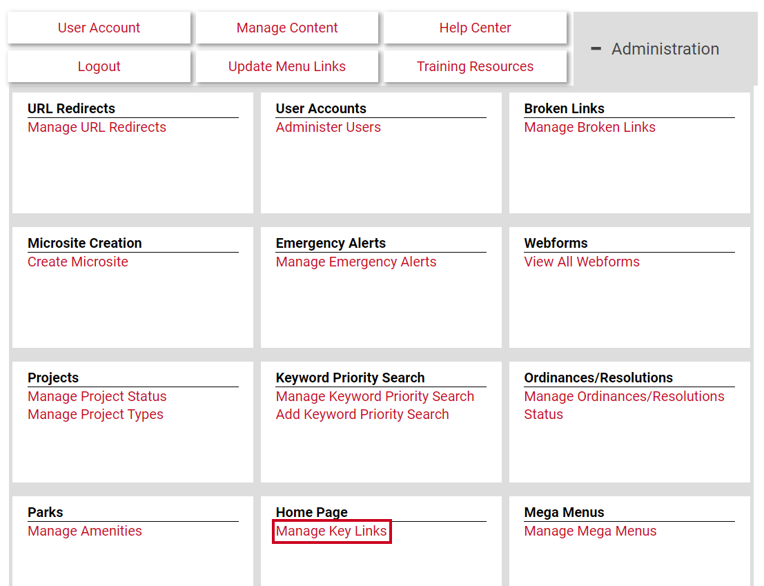 The hyperlink labeled Manage Key Links.