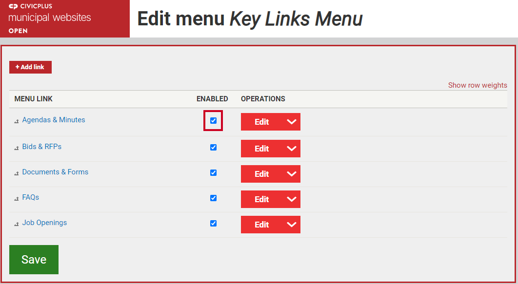 The checkbox in the column labeled Enabled.