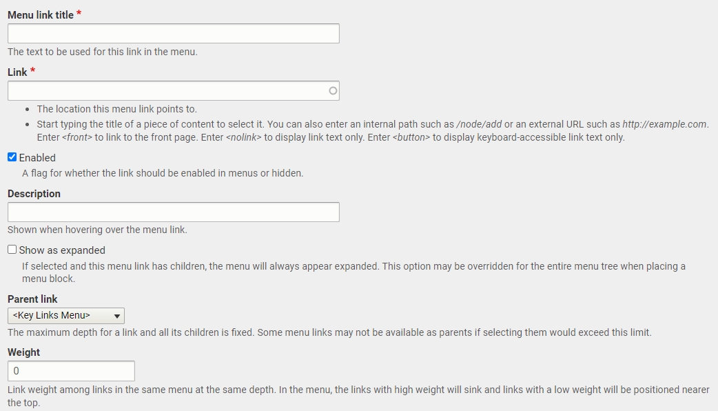 The text entry fields and options for Key Links.