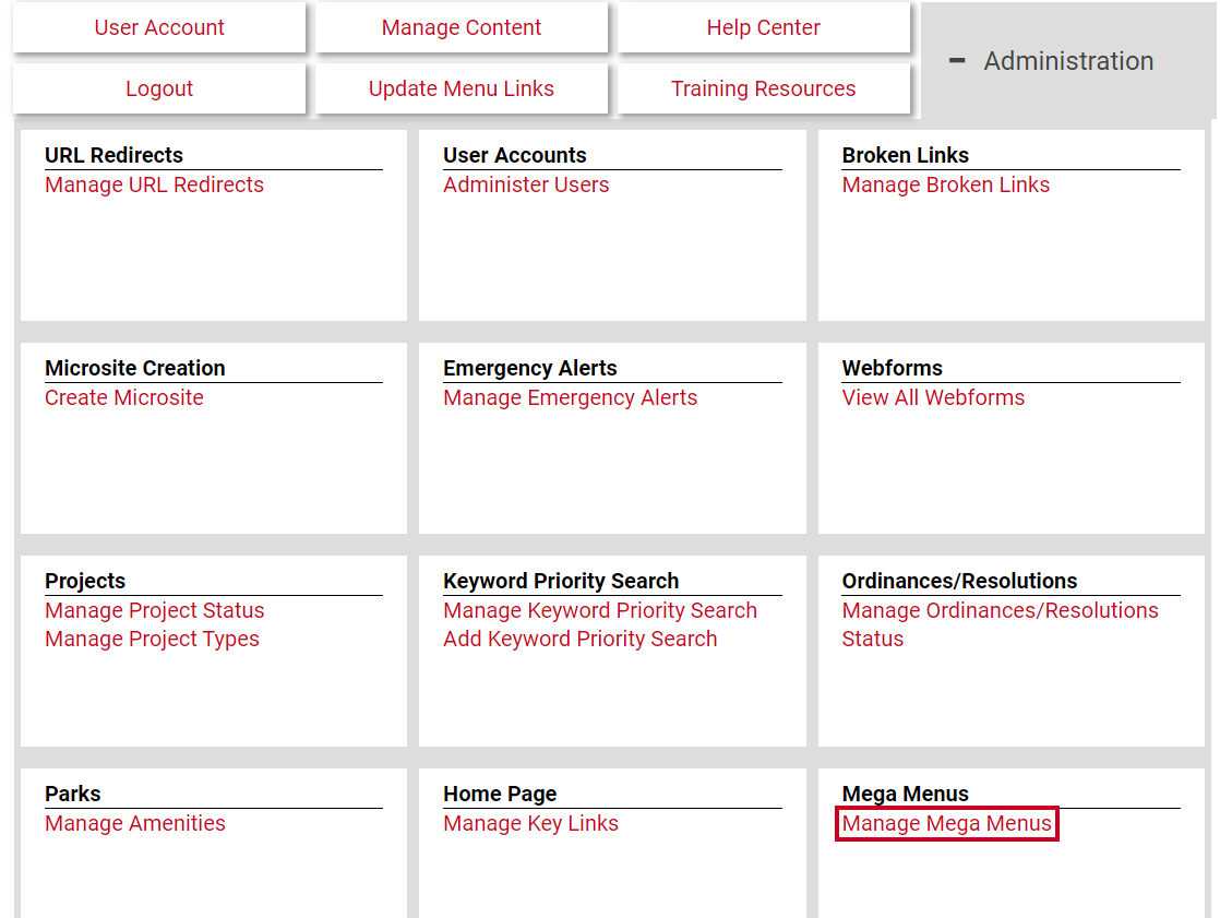The hyperlink labeled Manage Mega Menus.