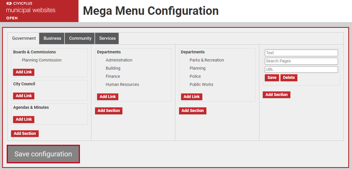 The large button labeled Save Configuration.