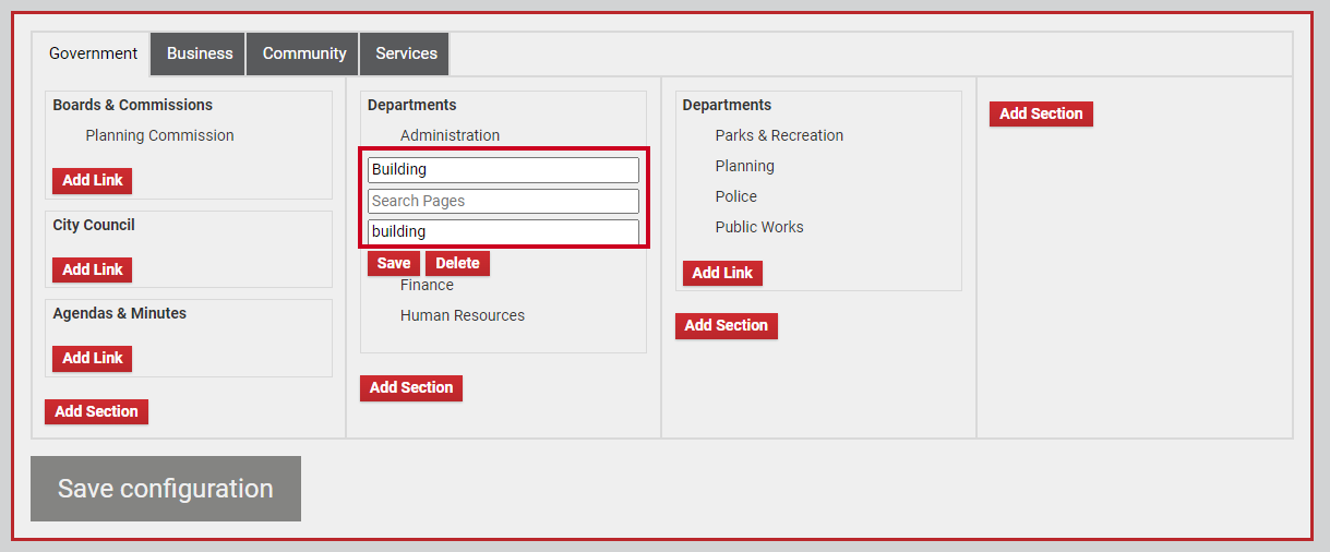 The text entry fields for the section.