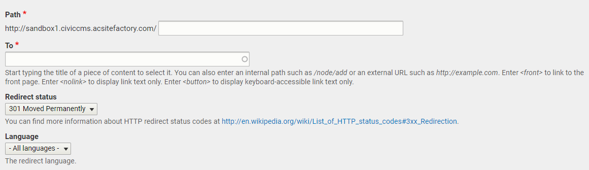 The Path, To, Redirect status and Language fields.