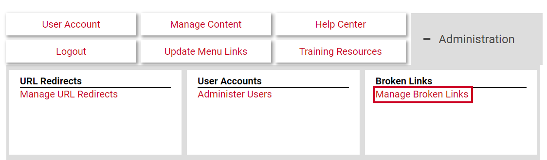 The hyperlink labeled Manage Broken Links.