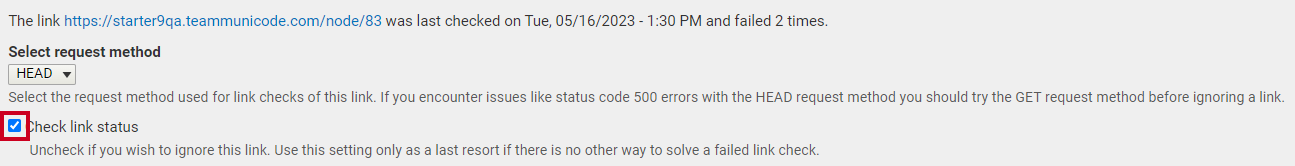 The check box labeled Check link status.