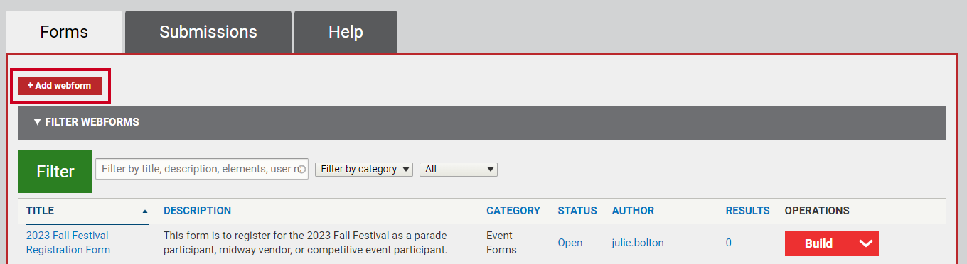 The button in the top left corner labeled Add webform with a plus sign.