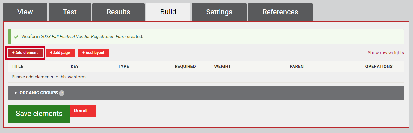 The button in the upper left above the column titles labeled Add element with a plus.